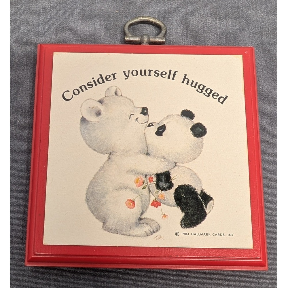 Hallmark Consider Yourself Hugged Plaque  3.5" x 3.5" Vintage 1984 Bear Art